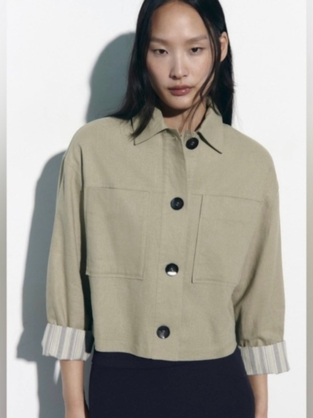 ZARA Oversized Sage Green Linen Blend Cropped Utility Jacket Sz S Light Olive
